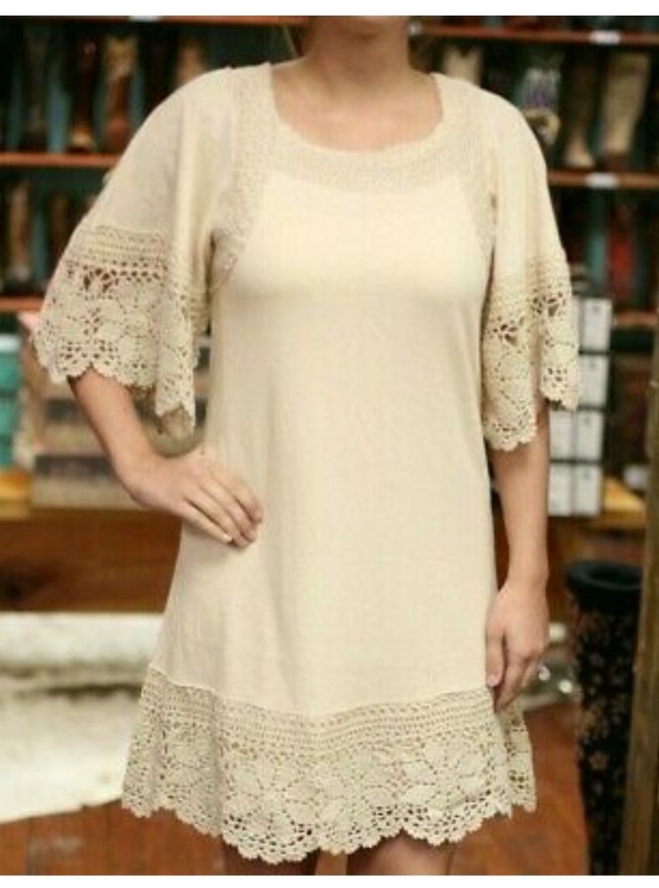 Anthropologie In Peach Crochet Sleeve Shift Dress